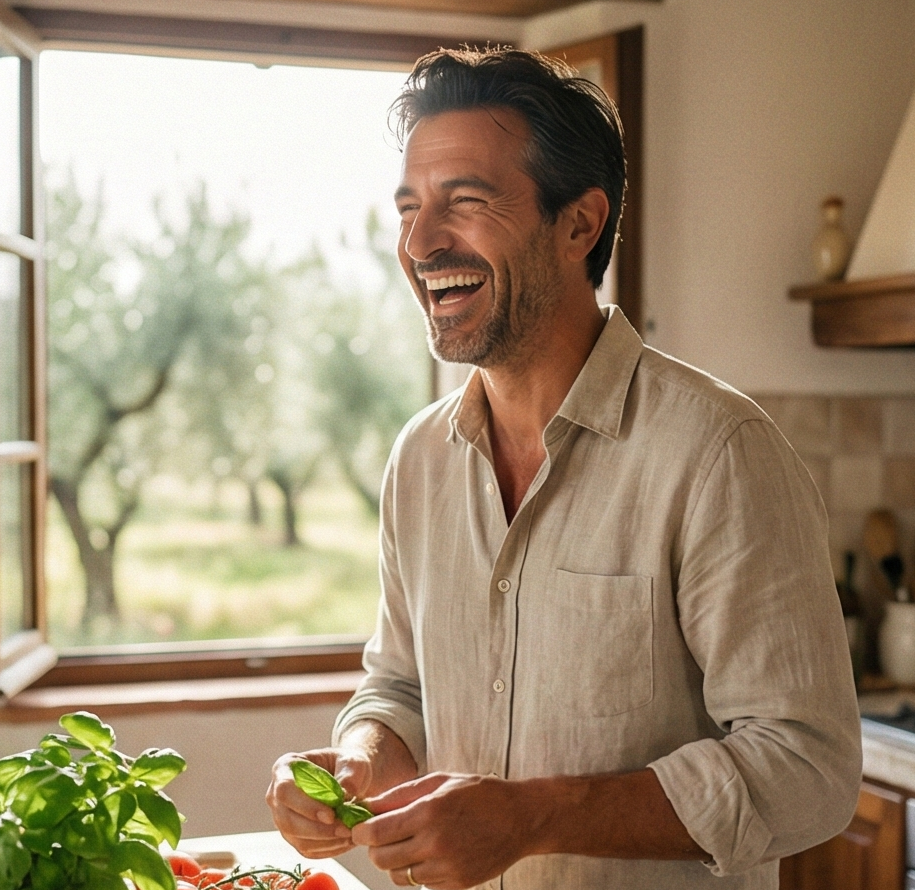 Matteo in cucina con ingredienti freschi