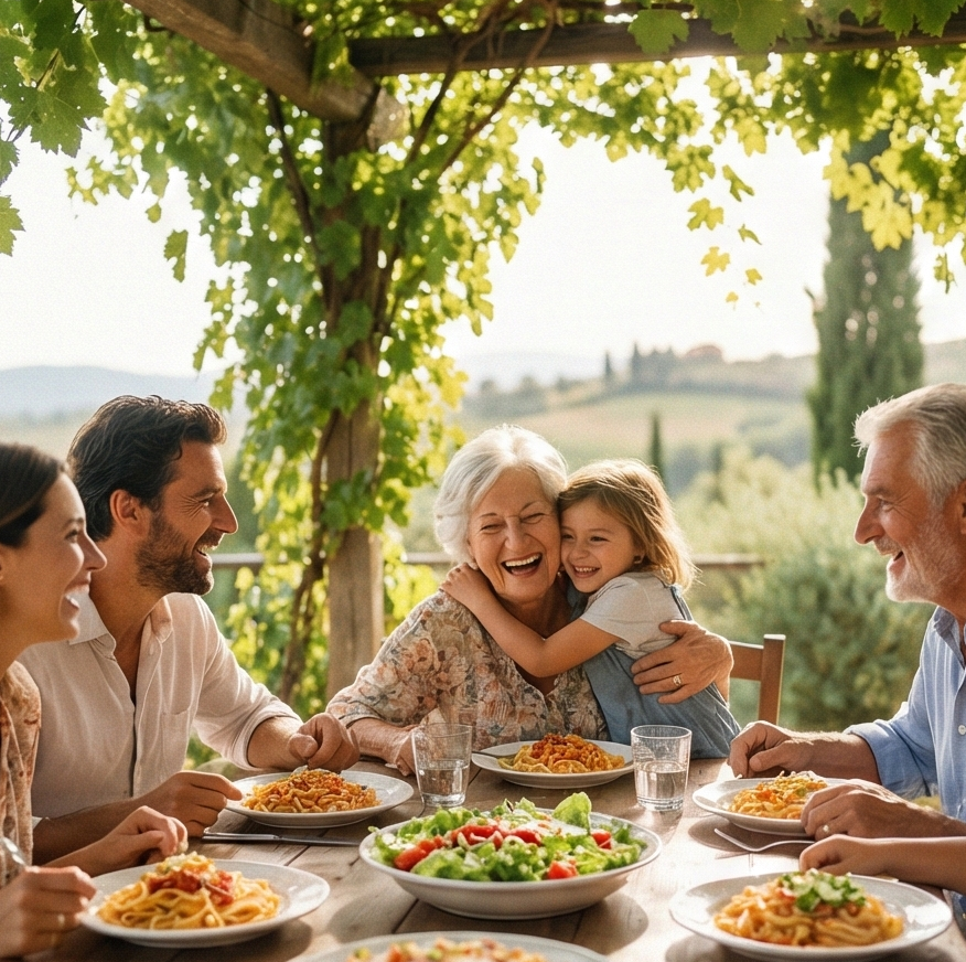 Elena e la sua famiglia a tavola
