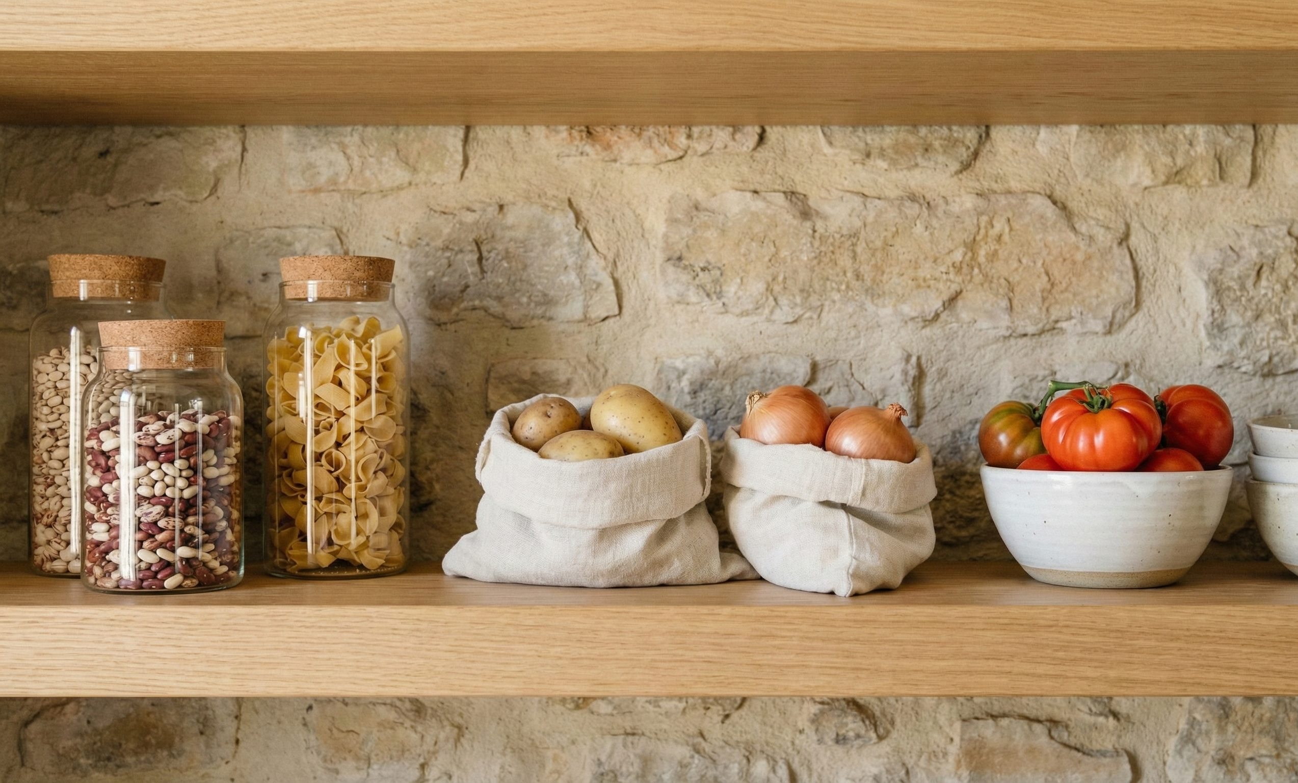 Dispensa naturale con barattoli di vetro e lino